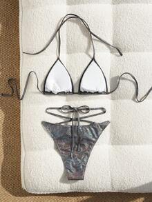 女士露背全息亮片比基尼两件套，性感休闲高弹泳衣，交叉绑带设计 - 黑色 - 查看 2