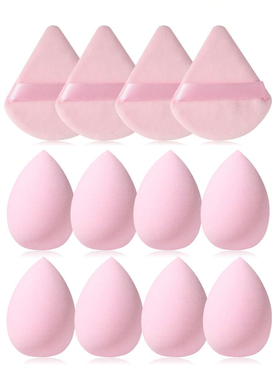 8 miếng mút trang điểm + 4 miếng bông phấn tam giác mềm mại – Sử dụng được cả khô và ướt cho lớp nền và lớp phủ. - Hồng - Xem 1