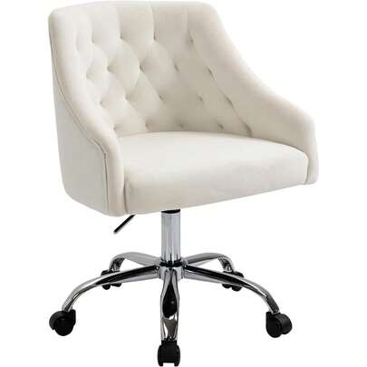 Velvet Office Swivel Chair, Vanity Fabric Desk Pretty Fancy Gold Office Chairs For Girls, 360°Swivel Height Adjustable Reception Chair (White)