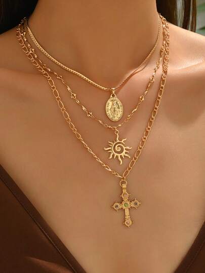 3件套复古时尚十字架太阳吊坠项链，多层可叠戴金色金属颈链，适合女性佩戴，百搭实用，适合日常佩戴、旅行、约会、派对、拍照等场合