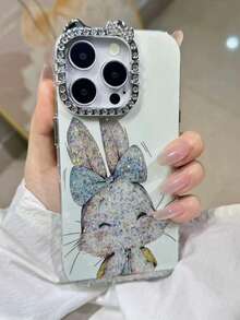 1pc Premium Cartoon Rabbit Rhinestone Phone Case Compatible With IPhone 11/12/13/14/15/16/17 Pro Max, Fully Sparkling Diamond Protective Cover, Valentine's Day Gift - White - View 2