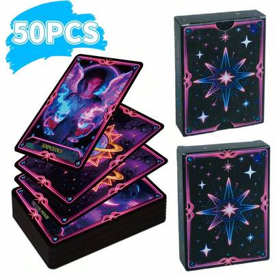 50pcs Classic Neon Tarot Cards, Fortune Telling & Insight High-End Paper Card Game, Party Interactive Card Game