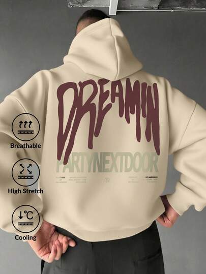 Camvyn Men's Letter Print Long Sleeve Pocket Drawstring Hoodie Sweatshirt, Casual For Autumn/Winter