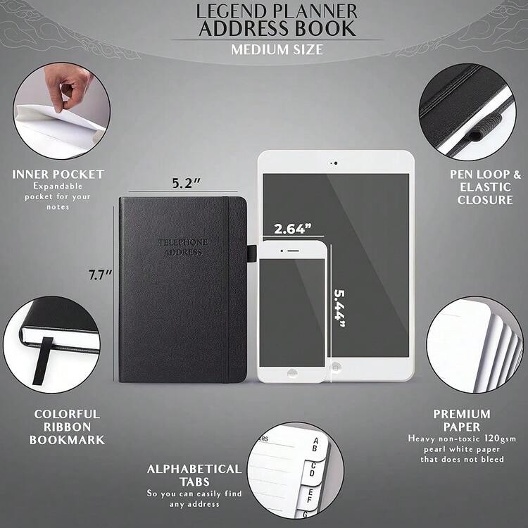 Legend Planner Address Book With Alphabetical Tabs –Telephone Contacts Book For Phone NFUmbersss, Addresses, Passwords, Medium (Black) - 黑色的 - 查看 3
