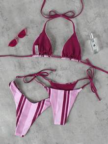 Bộ bikini 3 mảnh kẻ sọc tương phản hồng và tím dành cho nữ, mùa xuân/hè 2026, đồ bơi thanh lịch và gợi cảm, phù hợp cho bãi biển, kỳ nghỉ, có thể phối cùng váy, áo và đồ tập thể dục đa năng. - Nhiều màu - Xem 2