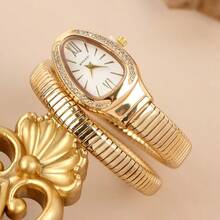 Vintage Mechanical Snake Design Bracelet Watch, European Style Oval Dial Wristwatch With Rhinestones, Stainless Steel Band Unisex Watch - 金,綠錶盤 - 查看 9