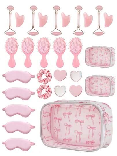 7pcs/Set Sleepover Party Essentials Make Up Bag, Styling Tool Silky Gift Set, Kawaii Cute Butterfly Print Transparent Splicing Makeup Bag, Sleeping Eye Mask, Female Face Massager Massage Stick, Hair Tie, Comb, Heart-Shaped Mirror For Bachelor Party, Sleepover, Spa Makeup Removal Kit