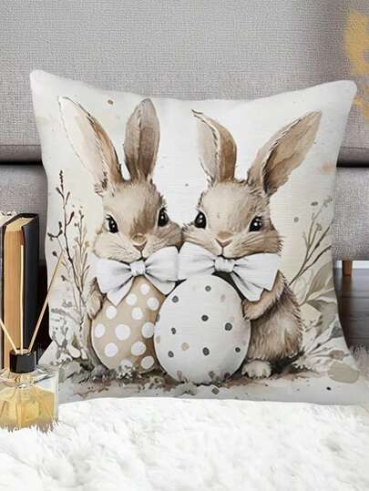 1/2/4pcs Easter Bunny & Egg Pillow Cover - Vintage Watercolor Spring Case With Bow Tie Design, Pastel Colors Suitable For Easter Home Decor, Machine Washable Cover Only (No Insert), 2D Flat