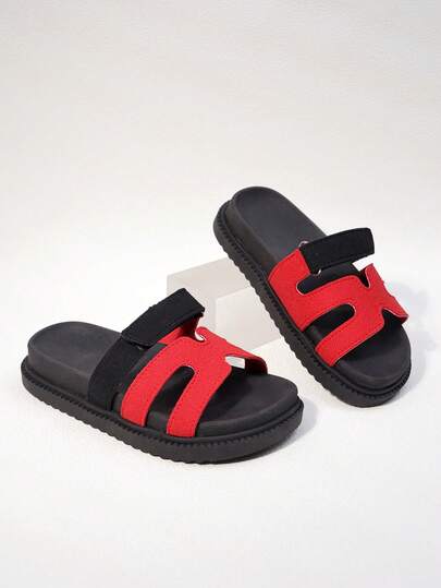 1 Pair Girls Hollow Out Decor Hook And Loop Flat Sandals, Non-Slip, Suitable For Outdoor Play And Summer Street Wear