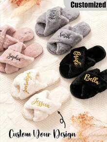 Customized Bride Slippers, Fluffy Bridesmaid Slippers, Personalized Bride Slippers, Party Gifts, Customized Plush Slippers, Customized Bride Slippers, Spa Party Slippers, Bridesmaid Plush Slippers, Plush Slippers, Personalized Bride Slippers - Multicolor - View 2