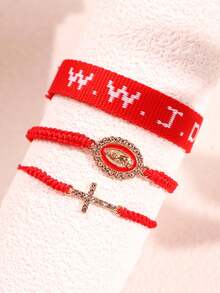 3件套 时尚独特设计 百搭个性化编织字母、十字架、圣母玛利亚吊坠手链套装，男女皆宜，日常佩戴及节日礼物首饰 - 彩色 - 查看 5