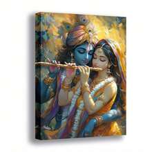 [2D Flat] 1pc Radha Divine Love Painting - Hand-Painted Style Spiritual Art, Traditional & Modern Wrapped Canvas Wall Decor With Hanging Hook, Vibrant & Radha Radhe Artwork Home, Office, Temple - Janmashtami - 1 - View 2