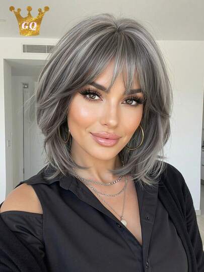 Elegant Mixed Gray Bob Wig With Bangs For Mature Women Natural Looking Heat Resistant Synthetic Wig For Women Every Day Wear