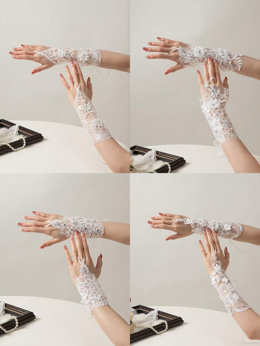 1 Pair Lace Rhinestone Flower Crochet Wedding Gloves - Solid Color - View 1