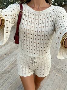 女士优雅镂空针织喇叭袖上衣，适合春夏海滩度假，可休闲搭配针织短裤，两件套 - 杏色 - 查看 4