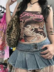 Áo croptop ống in hình cá Koi, phong cách retro mùa hè - màu nâu - Xem 1