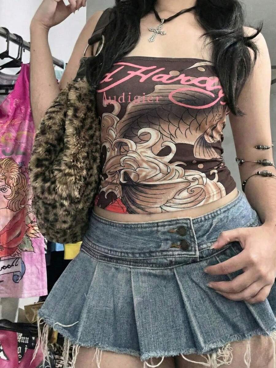 Áo croptop ống in hình cá Koi, phong cách retro mùa hè - màu nâu - Xem 1