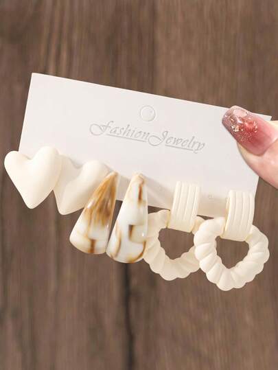 6件套白色简约心形耳环，时尚首饰套装，适合日常、度假、情人节礼物