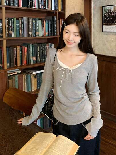 Lace Patchwork Long Sleeve T-Shirt, Sweet Undershirt
