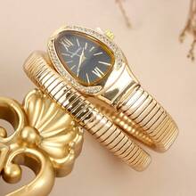 Vintage Mechanical Snake Design Bracelet Watch, European Style Oval Dial Wristwatch With Rhinestones, Stainless Steel Band Unisex Watch - 金,綠錶盤 - 查看 7