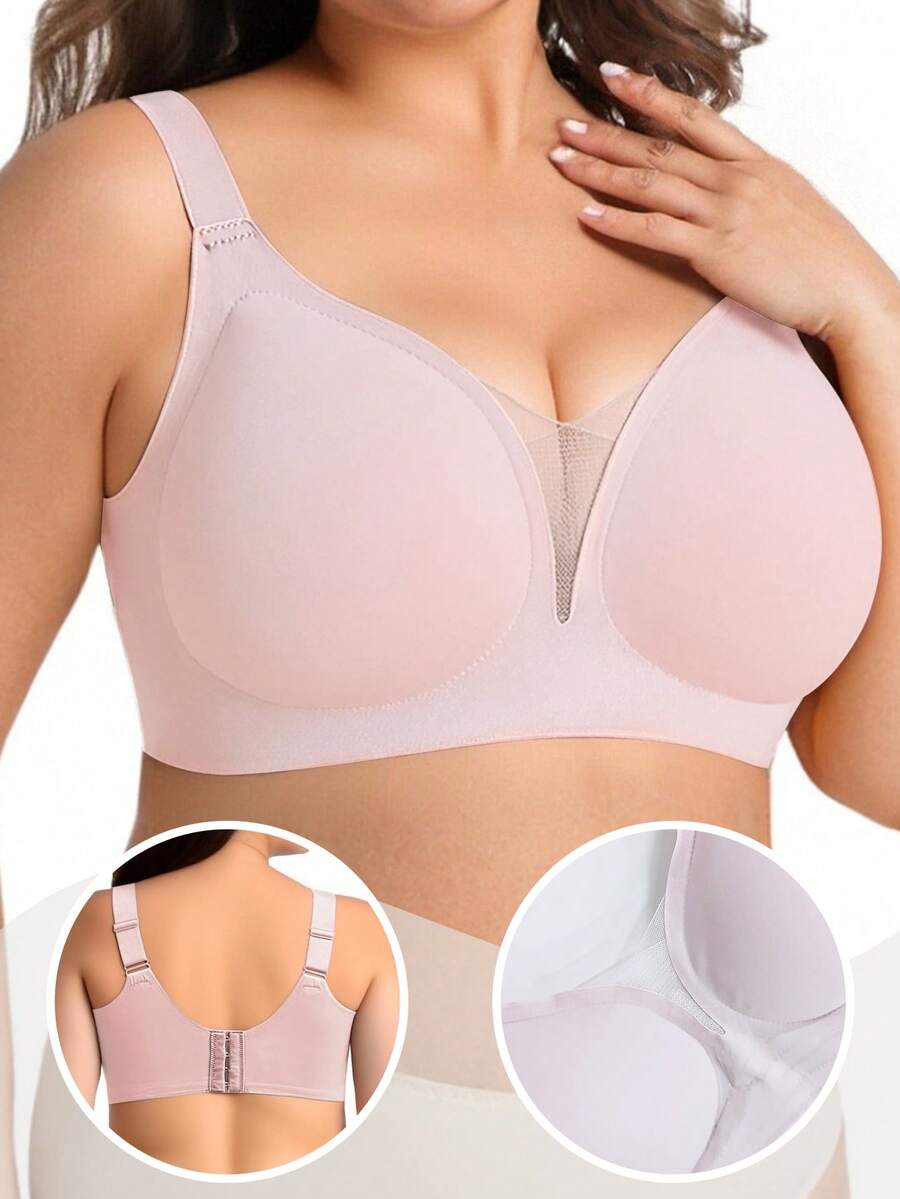 Plus Size Soft Support Wireless Bra, Seamless Mesh Patchwork Backless Bra - Pink - View 1