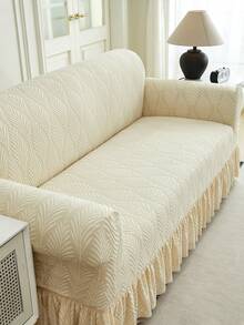 1 pieza Funda de sofá elástica con volantes de jacquard de felpa, con estampado de hojas, a prueba de polvo y suciedad, ajuste perfecto, protector de sofá para decoración de sala de estar, lavable a máquina - Beis - Ver 1