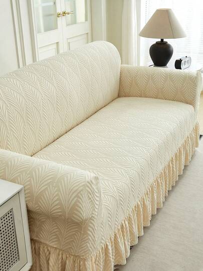 1pc Plush Jacquard Ruffled Elastic Sofa Cover, Leaf Pattern, Dust-Proof, Dirt-Resistant, Stretch-To-Fit Full Coverage Sofa Protector, Living Room Decor, Machine Washable