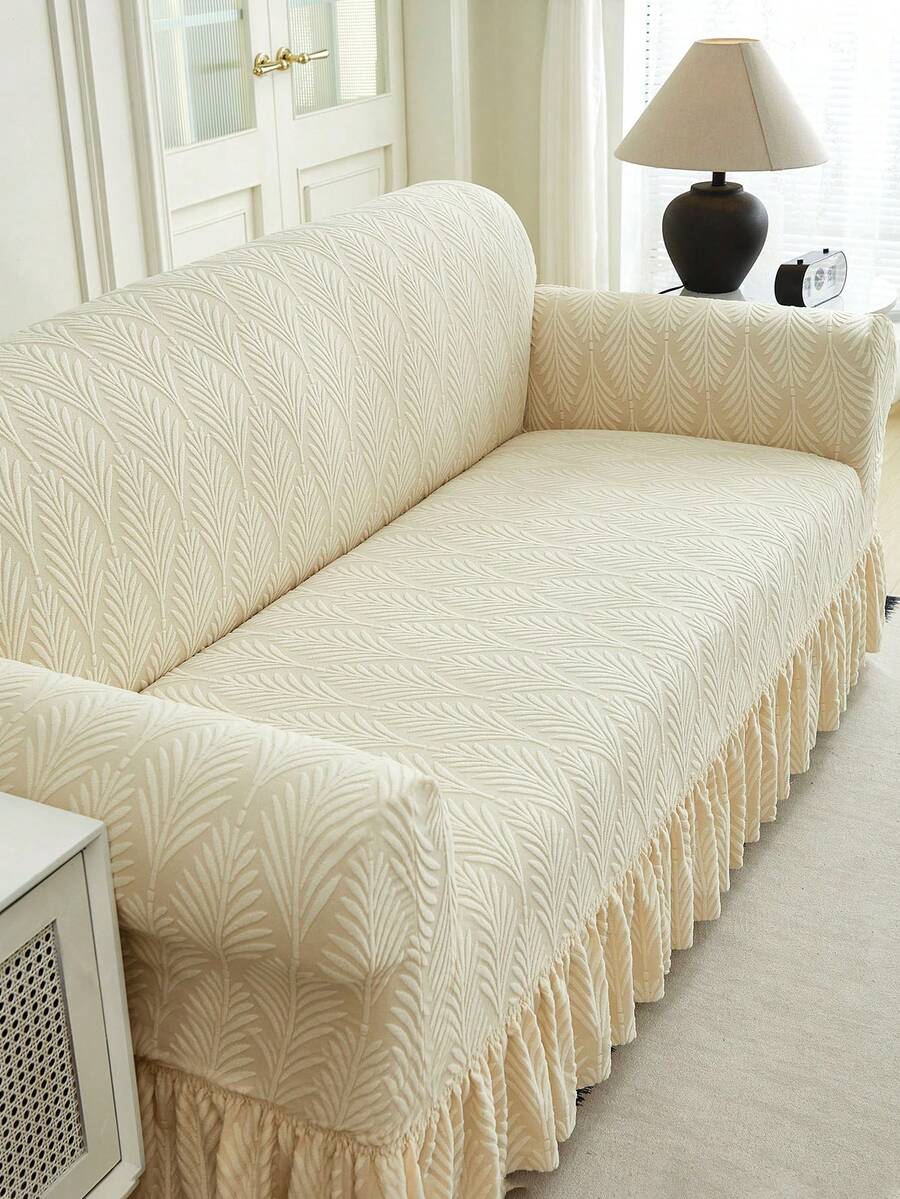 1 pieza Funda de sofá elástica con volantes de jacquard de felpa, con estampado de hojas, a prueba de polvo y suciedad, ajuste perfecto, protector de sofá para decoración de sala de estar, lavable a máquina - Beis - Ver 1