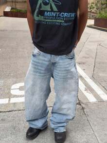 男士浅蓝色水洗牛仔裤，复古街头风宽松直筒裤 - 薄荷藍 - 查看 4