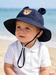 1 chiếc mũ chống nắng tai gấu dễ thương cho bé từ 3-12 tháng tuổi, có miếng vá hình gấu, dây đeo cằm điều chỉnh được, vành rộng, chống tia UV. - Mũ ngư dân hình gấu - Xem 10