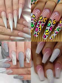96片/4套豹纹渐变亮片假指甲，包含4支胶水和4把指甲锉，适合女士派对、舞会和日常佩戴。可拆卸可重复使用的美甲装饰品。 - 彩色 - 查看 1