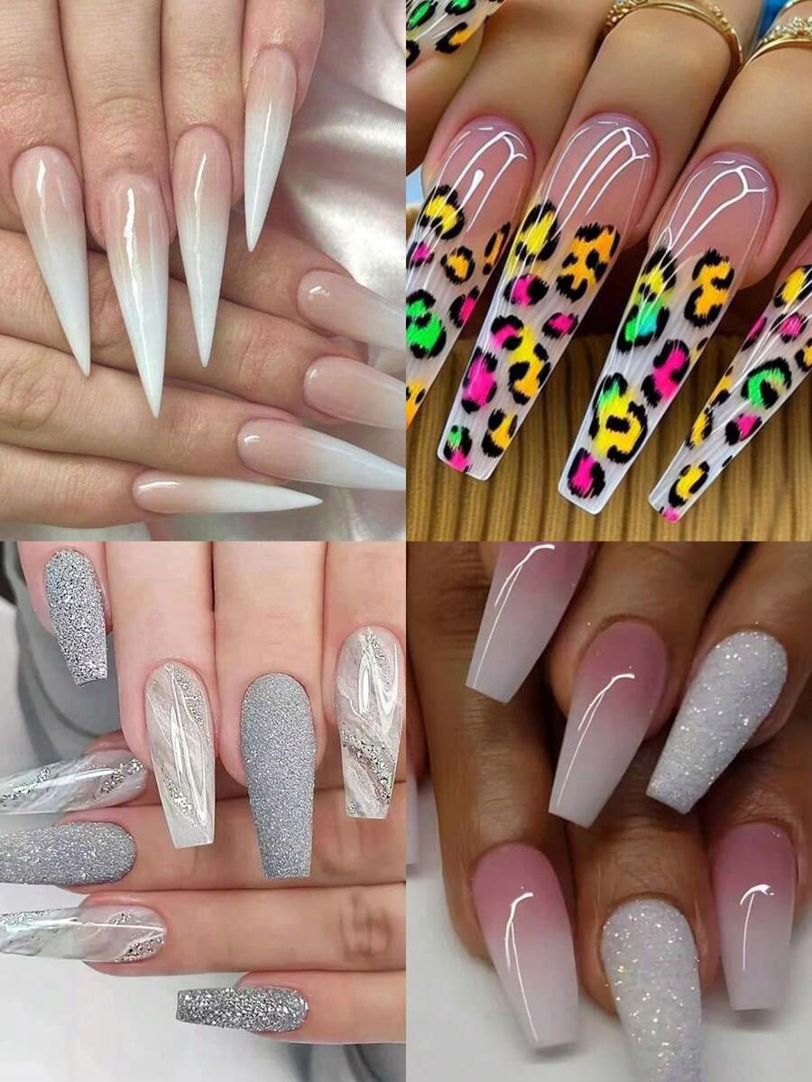 96片/4套豹纹渐变亮片假指甲，包含4支胶水和4把指甲锉，适合女士派对、舞会和日常佩戴。可拆卸可重复使用的美甲装饰品。 - 彩色 - 查看 1