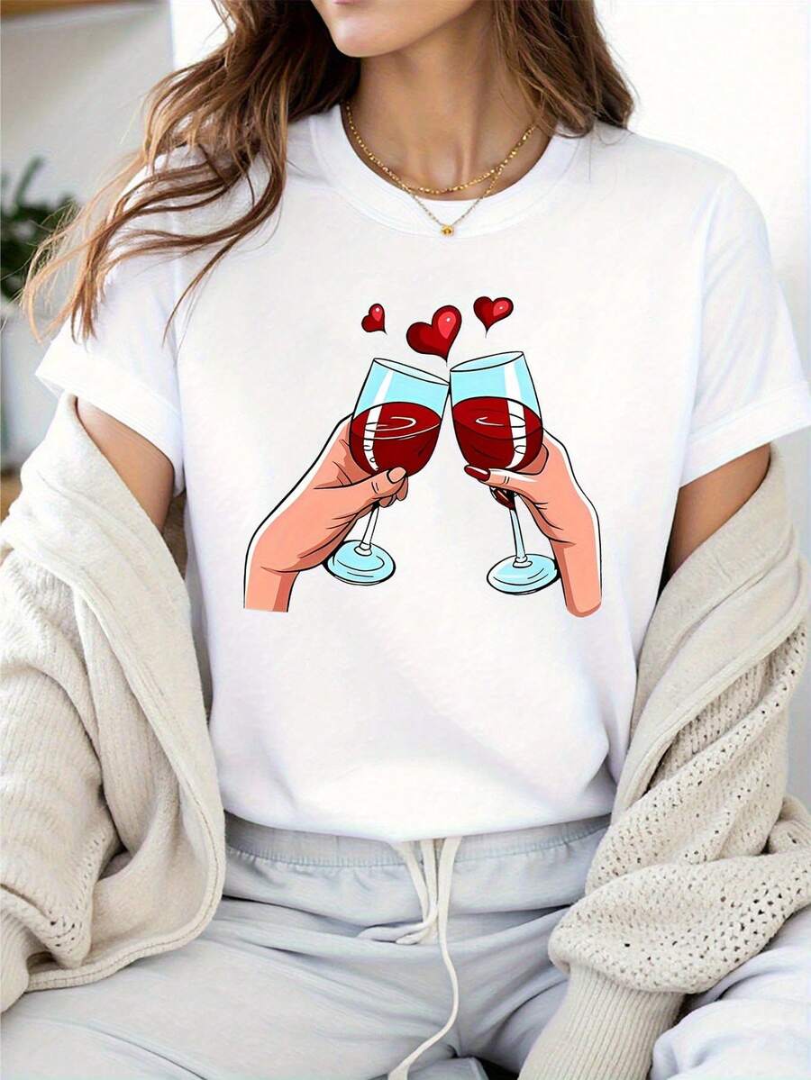 Camiseta de Manga Corta para Mujer con Estampado de Brindis con Copa de Vino, Cuello Redondo, Casual, I para Salidas Diarias y Celebraciones de Festivales, Primavera-Verano