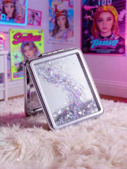 Pink Glitter Quicksand Double-Sided Folding Mirror, Y2K Aesthetic Portable Makeup Mirror With Shimmer Flow Design, Cute Handheld Vanity Mirror For Custom Bow Styling (Bow Optional), Perfect For Purse Touch-Ups, Y2K Party Prep, Photo Shoot Prop, Z-Gen Social Outings, Ideal For Y2K Fashion Lovers, Makeup Beginners, Content Creators, Great Gift For Valentine's Day, Christmas, Birthday.