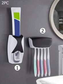 Set de 2 piezas Soporte automático de plástico para cepillos de dientes + Estante para cepillos de dientes, Soporte para cepillos de dientes de 5 ranuras montado en la pared sin agujeros, Adecuado para el baño del hogar - Multicolor - Ver 14