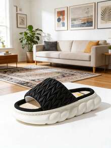 Pmoiste 女士绗缝格纹优雅家居拖鞋，加厚 EVA 亚麻鞋垫，室内家居鞋，黑色 - 黑色 - 查看 4