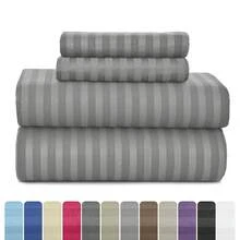 Lux Decor 4 Pc Stripe Bed Sheets, High GSM Brushed Microfiber Bedding Set With Deep Pocket Fitted Sheet & Pillowcases. Soft, Breathable, Hypoallergenic, Easy Care, And Wrinkle Resistant For Year-Round Comfort And A Classic Hotel-Quality Look. - 灰色 - 查看 2