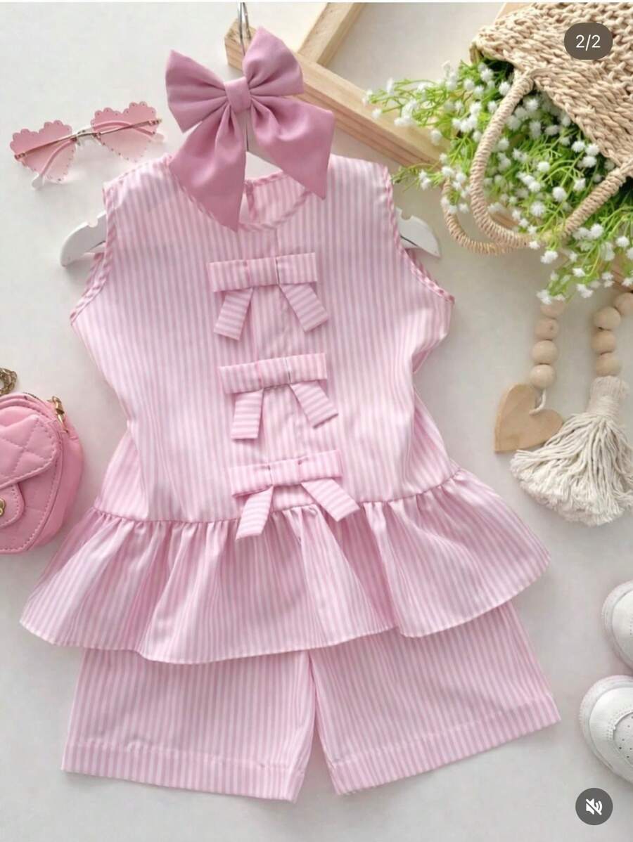 Children's Striped Set: Peplum Top With Bows + Striped Shorts - 粉色 - 查看 1