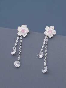 1 Par de Brincos Longos com Borla Floral Fofa e Doce em Prata Esterlina S925, Brincos Florais Delicados e Femininos para Uso Diário - flores - Visão 13