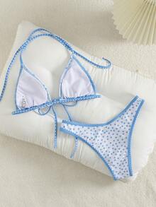PEPPERMOLLY Bộ bikini hai mảnh họa tiết hoa nhí phối màu, kiểu cổ yếm, thích hợp cho kỳ nghỉ hè trên bãi biển dành cho nữ. - Màu xanh nhạt - Xem 3