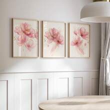 3 piezas Impresiones de lienzo con flores elegantes doradas, rosas y grises | Arte de pared botánico moderno para dormitorio, sala de estar u oficina, póster de plantas abstractas, regalo para ella, sin marco - Multicolor - Ver 2