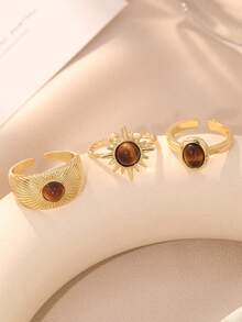 Bộ 3 chiếc nhẫn hình bầu dục màu hổ phách cổ điển, thiết kế độc đáo, bất đối xứng, họa tiết ngẫu nhiên, phụ kiện nhẫn hở cao cấp, bộ quà tặng trang sức. - 4152 - Xem 4