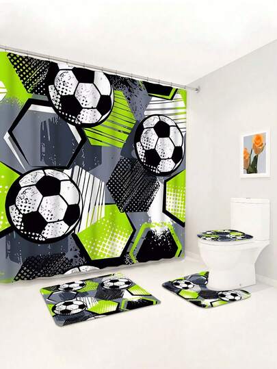 1/4 Pcs Football Graffiti Printed Waterproof Shower Curtain, Wall Hanging Tapestry, Non-Slip Bath Mat, Toilet U-Shaped Mat, Modern Home Decor With 12 Hooks, Washable Polyester Fabric, Suitable For Bathroom, Hotel, Apartment, Gift