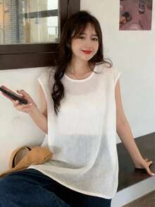 Women's Backless Hollow Out Knit Vest, Loose Fit Sleeveless Top, Summer New Arrival, Lightweight - White - View 3