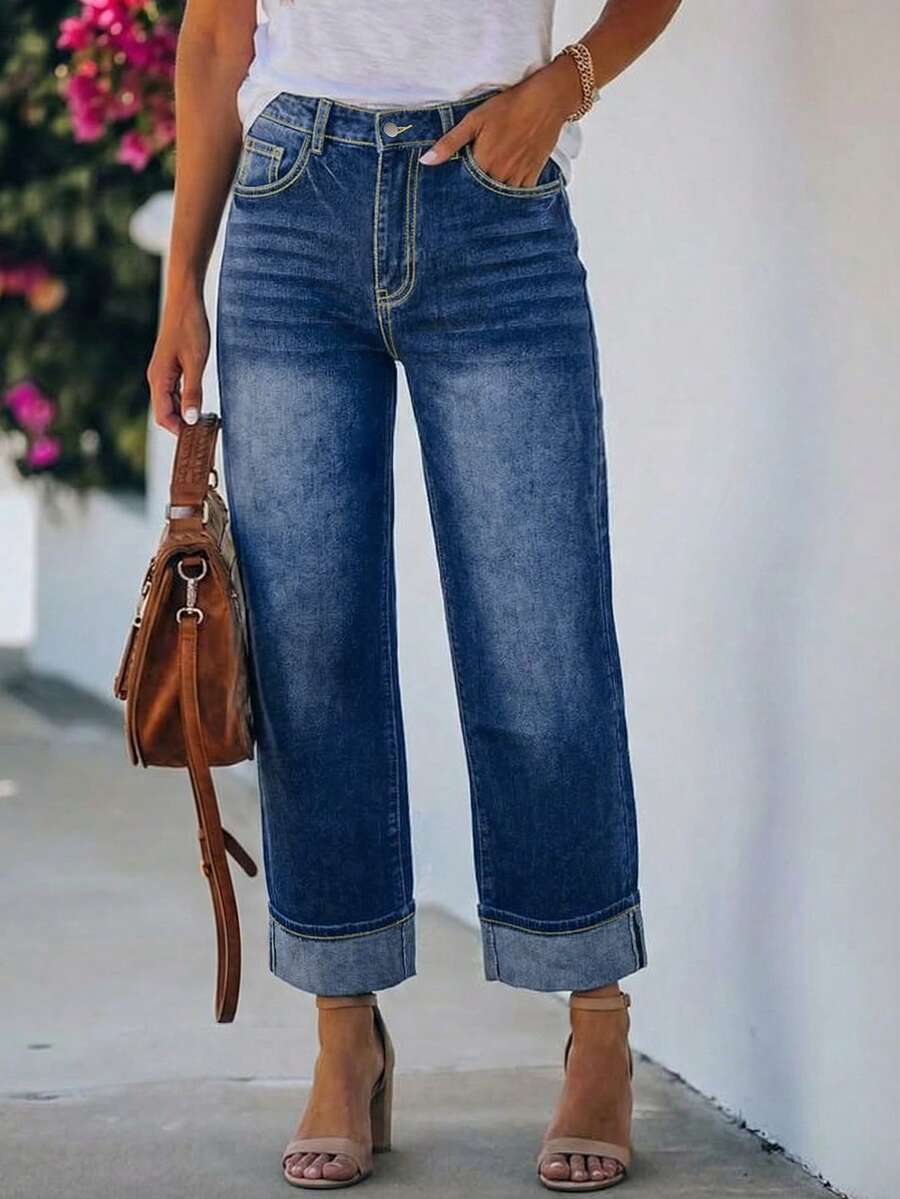 时尚女士阔腿牛仔裤，水洗做旧处理，带口袋，直筒版型，无弹力，穿着舒适。休闲百搭。 - 藍色 - 查看 1