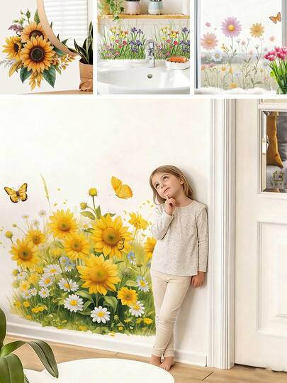 1/2 张自粘墙贴，适用于婴儿房、儿童房墙贴，可移除花朵向日葵蝴蝶壁画，儿童游戏室装饰，易撕易贴，女孩卧室墙贴，家居装饰