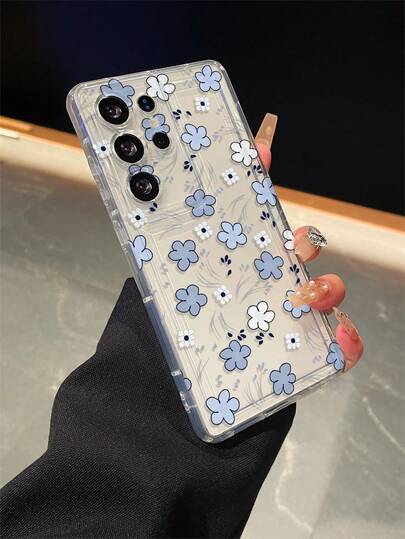 1个花卉图案、带气囊透明防摔功能的手机保护壳，TPU材质，适合作为节日礼物送给男士和女士，兼容三星手机