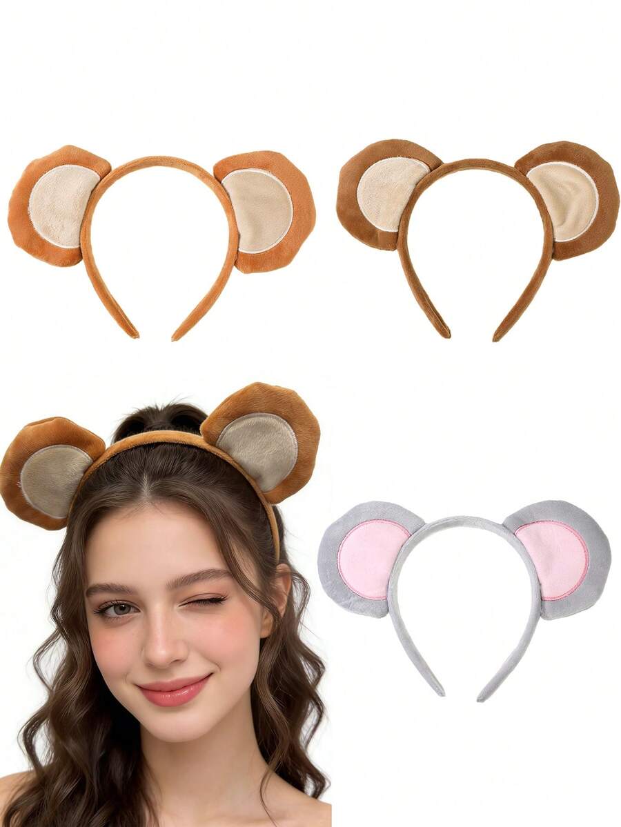 1个柔软熊耳朵发箍 毛绒老鼠耳朵发圈 洗脸卡通动物发带 - 彩色 - 查看 1