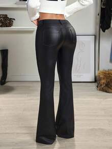 Women Black Faux Leather Flare Pants Y2K Sexy Streetwear Coated Faux PU Leather Pants Loose Casual Micro Flare Leather Pants,2026 Summer - Black - View 2