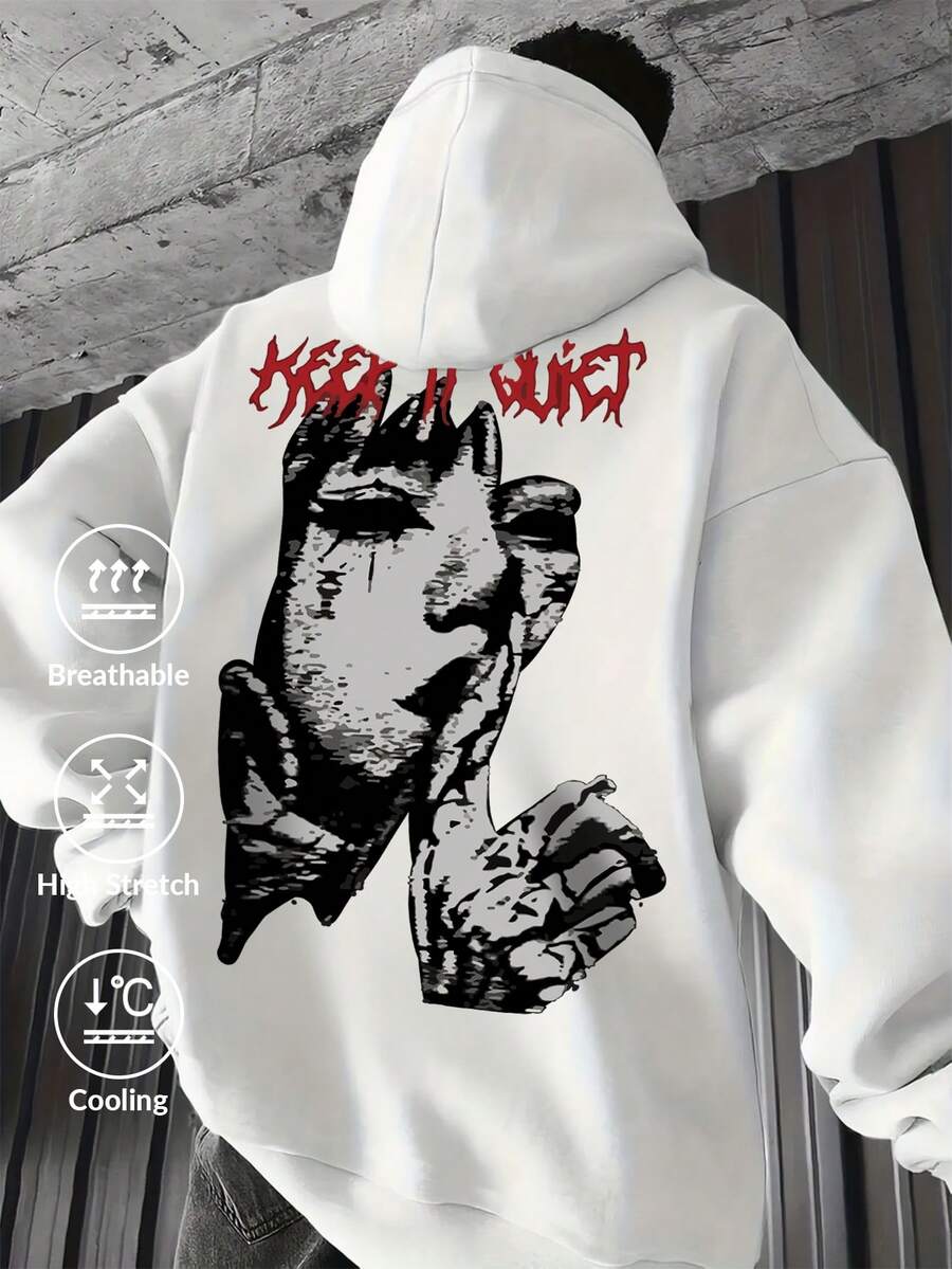 Men's Cool Graphic Print Loose Fit Fleece Lined Hoodie Sweatshirt, Street Fashion - White - View 1